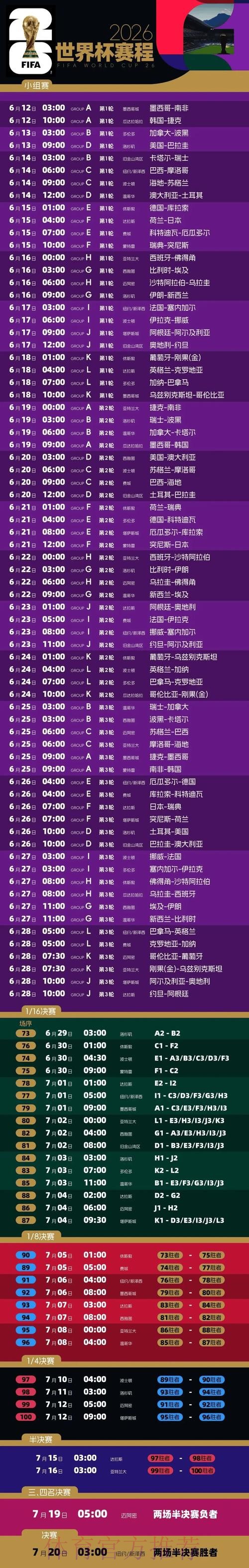 2026世界杯每日赛程官方发布实时赛程免费观看